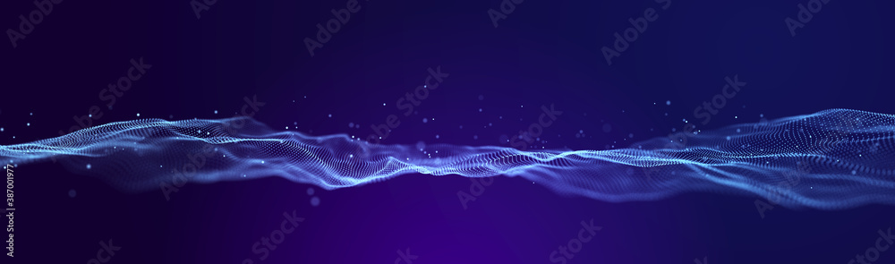 Poster Dynamic wave of luminous points. Network connection structure. Representation analytics. 3D rendering.