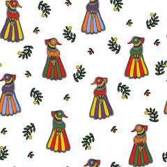 seamless madhubani peacock print.Vector seamless pattern in ethnic style.Detailed line art of peacocks seamless pattern in classy style. Global colors, easy to change.