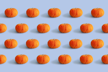 Pumpkin pattern, decorative pumpkins on blue background, front view. Autumn, fall, halloween concept. Trend shadow.