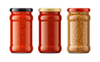 Set of Glass Jar with Sauces, Mustard. 