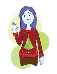 Cute girl wearing an ugly christmas sweater, mother's christmas gift, timid girl saying hello, vector illustration