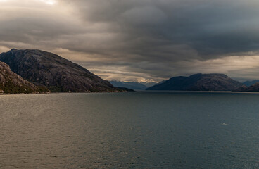Sarmiento Channel, Chile - December 11, 2008: Amalia Glacier and Fjord. Narrowing of channel...