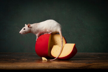 Cute white rat sitting on a red Edam cheese stillife green background - obrazy, fototapety, plakaty