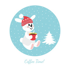 Vector image of a little cheerful hare drinking coffee. illustration for children.