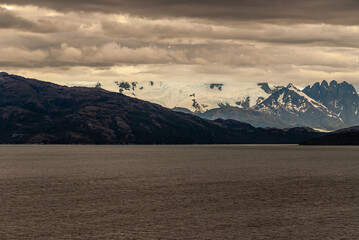 Sarmiento Channel, Chile - December 11, 2008: Amalia Glacier and Fjord. Ice fields of glacier...