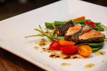 Salad Nicoise, prepared with Salmon in Herbs Croute