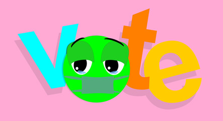 Colorful illustration about poll. Elections. Vote, voting. Electoral graphic. Emoticon with mask inserted in the text. Green doll with sad expression.	
