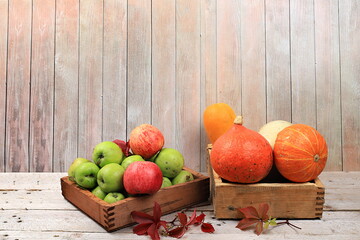 Autumn composition with seasonal zucchini, pumpkins, apples and leaves on a wooden background, happy thanksgiving concept, postcard, village harvest, selective focus,