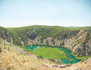 Fototapeta na wymiar Stitched Panorama of Krupa river in Croatia