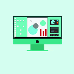 Vector image of a computer monitor with open documents