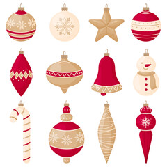 Set of red and gold Christmas tree decorations for the new year and christmas.