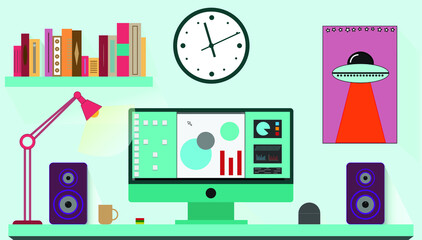 Vector image of the workroom with computer, books, poster, speakers and luminous