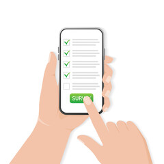 Checklist on smartphone screen. Online survey concept. Hand holds mobile phone and check list with checkboxes and checkmark. Icon for mobile app design. Vector illustration.