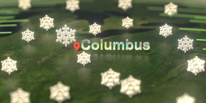 Columbus city and snowy weather icon on the map, weather forecast related 3D rendering