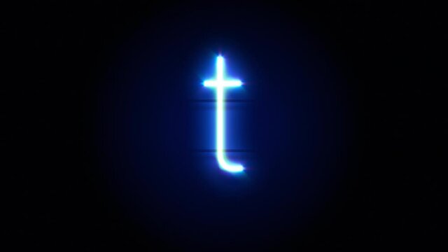 Neon font letter T lowercase appear in center and disappear after some time. Animated blue neon alphabet symbol on black background. Looped animation.