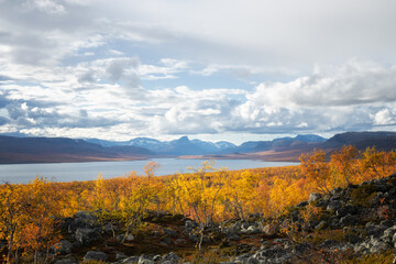 Norwegian landscape in autumn colours with a beautiful views. Kilpisjarvi.