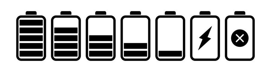 Battery charger vector icon set. Phone mobile charging icons.