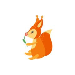 Squirrel sniffing flower isolated in white background. Illustration of sitting baby squirrel. Vector illustration in cartoon style