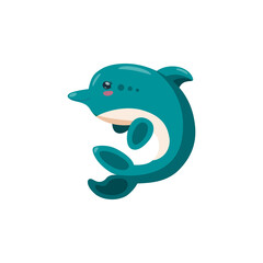 Dolphin isolated in white background. Smiling baby dolphin for kids product designs. Vector illustration in cartoon sryle