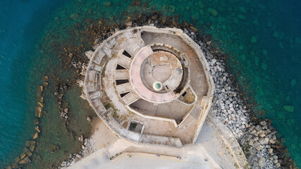 Top down view of Saint Nicholas Fort guards the Mandraki harbour in Rhodes city, Greece.