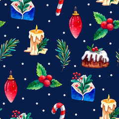 Christmas pattern on a blue background with Christmas elements candle Christmas tree branch toy sweet Christmas cake Holly letter with berries