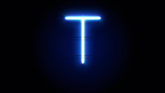 Neon font letter T uppercase appear in center and disappear after some time. Animated blue neon alphabet symbol on black background. Looped animation.
