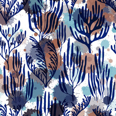 Coral polyps seamless pattern., Tropical coral reef branch silhouette elements.