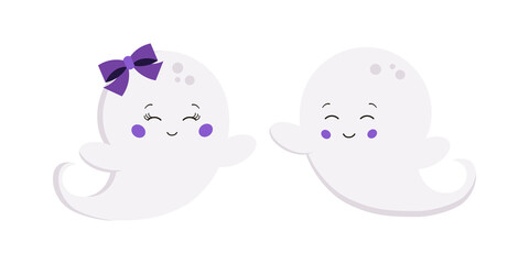 Cute ghost boy and girl isolated on white background. Cute smiling flying white ghost couple creepy funny character. Graphic design element for happy halloween party. Flat cartoon vector illustration.