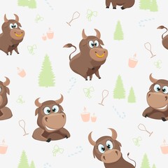 New year vector pattern with bulls for clothing design, fabric, packaging.