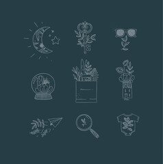 Hand made floral icons nature dark blue