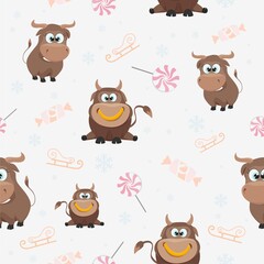 New year seamless pattern with cute bullhead. Printed background or endless decoration for Christmas design.