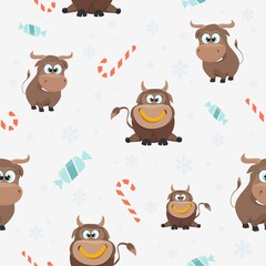 New year seamless background with a bull. Vector pattern for printing on fabric and clothing.