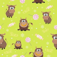 illustration with a new year's bull on a green background for design on clothing and fabric.