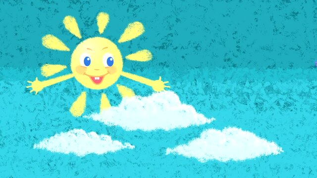 A looped animation of a smiling sun against a blue sky with clouds and a rainbow appearing.