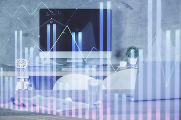 Multi exposure of financial graph drawing and office interior background. Concept of market analysis.