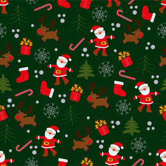 Bright seamless Christmas New Year green background with Santa, deer, fir trees, gifts. Isolated objects. Festive vector illustration.