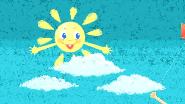 Looped animation of a drawing of a smiling sun against a blue sky with clouds and a child's hand with a kite. Cartoon with drawn elements in childish style and with repetition.