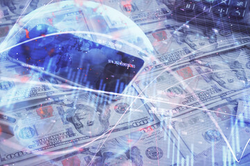 Double exposure of forex graph drawing over us dollars bill background. Concept of financial markets.