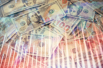 Multi exposure of forex chart drawing over us dollars bill background. Concept of financial success markets.