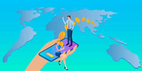 Fototapeta premium Online money transfers.People use their smartphones to send money all over the world. Hand and smartphone on the background of a large map of the world.Vector illustration.