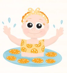 Happy child bathes in the fruit bath. Fruit bath with water and oranges. Ginger child bathing. Cute little girl illustration.