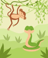 Childish rainforest, jungle composition, card with snake and hanging money, friendly and cute wildlife animals, reptiles. Background with grass, leaves and lianas.