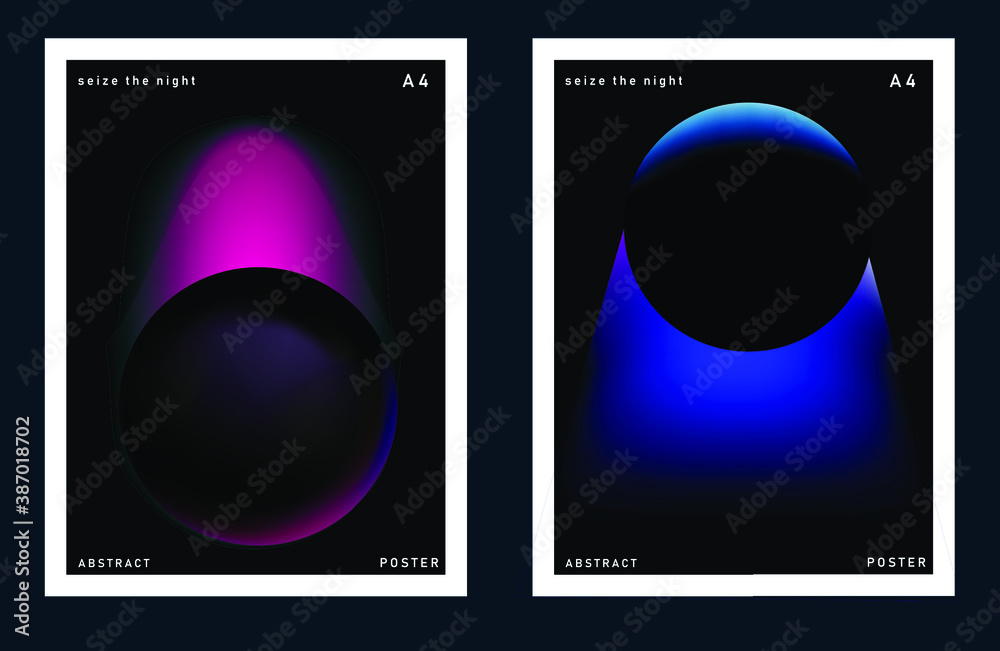 Aufkleber set of minimal posters with abstract composition of glowing neon planets. synthwave and vaporwave st
