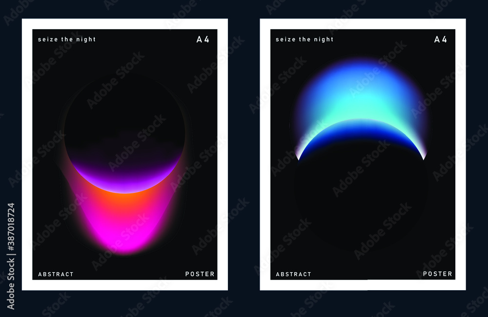 Poster Set of minimal posters with abstract composition of glowing neon planets. Synthwave and vaporwave style covers for music or dance event.