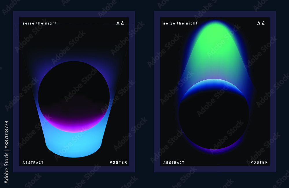 Poster Set of minimal posters with abstract composition of glowing neon planets. Synthwave and vaporwave style covers for music or dance event.