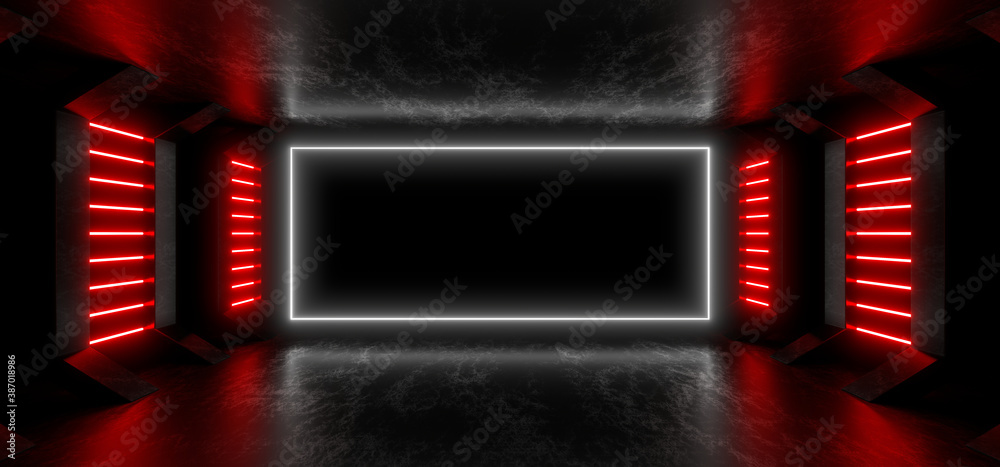 Wall mural a dark corridor lit by colorful neon lights. reflections on the floor and walls. 3d rendering image.