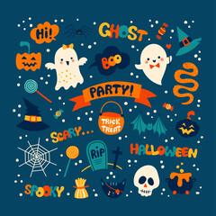 Halloween holiday cartoon illustration set with cute hand drawn characters, elements and letters.