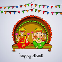 illustration of elements of hindu festival Diwali background. illustration of Hindu god Laxmi and Ganesh with Happy Diwali text on the occasion of Hindu festival Diwali celebrated in India
