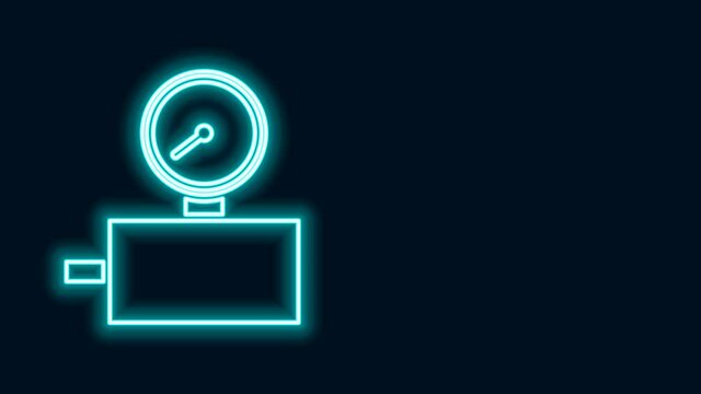 Glowing neon line Gauge scale icon isolated on black background. Satisfaction, temperature, manometer, risk, rating, performance, speed tachometer. 4K Video motion graphic animation