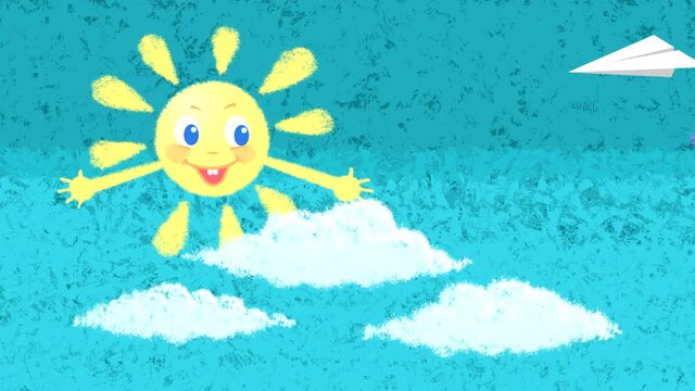 Looped animation of a drawing of a smiling sun against a blue sky with clouds and a rainbow emerging and a paper airplane flying.